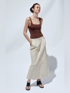 Zara Cream Maxi Skirt - Casual Drawstring Pocket Skirt